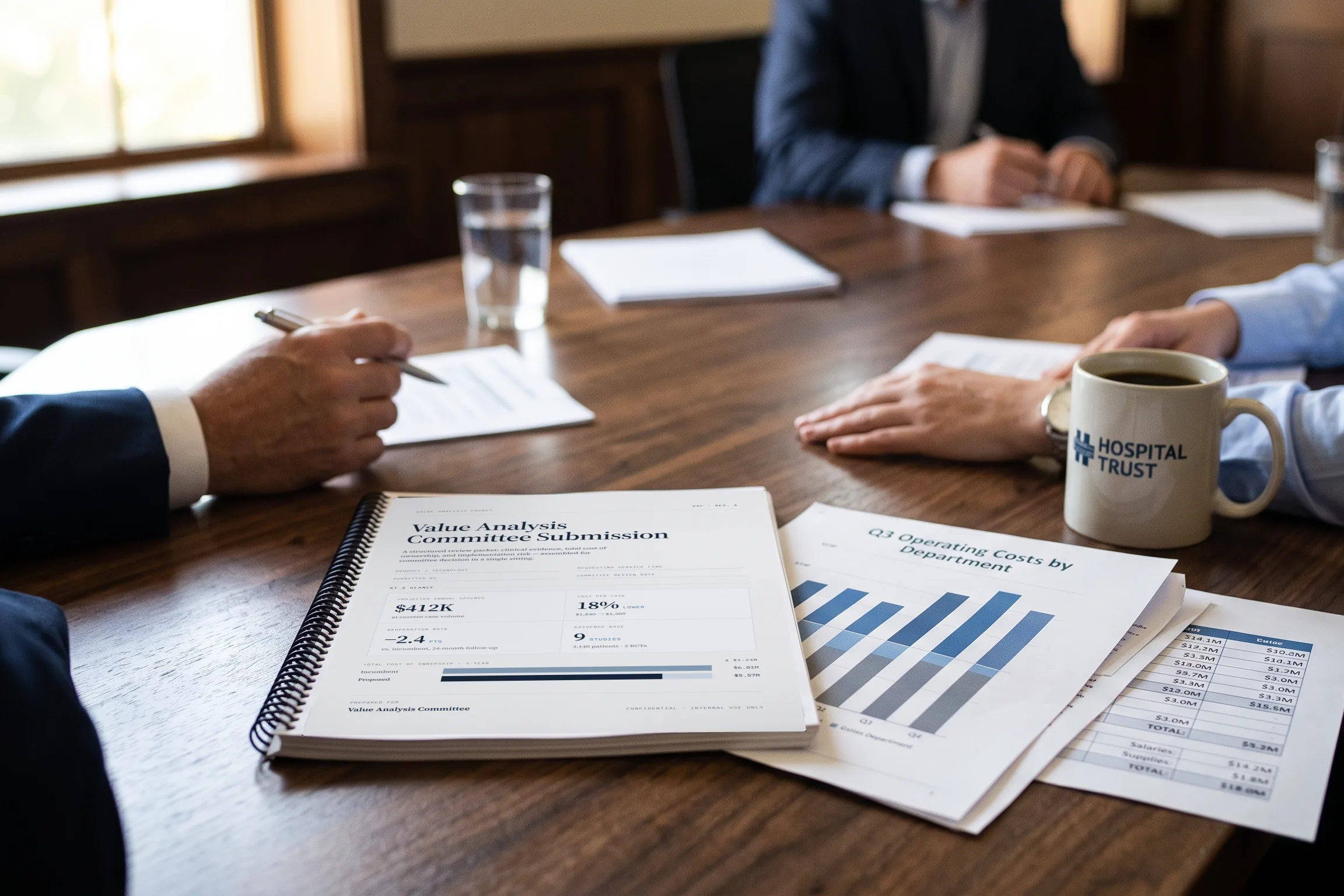 Value analysis committee submission packet and cost reports on a boardroom table